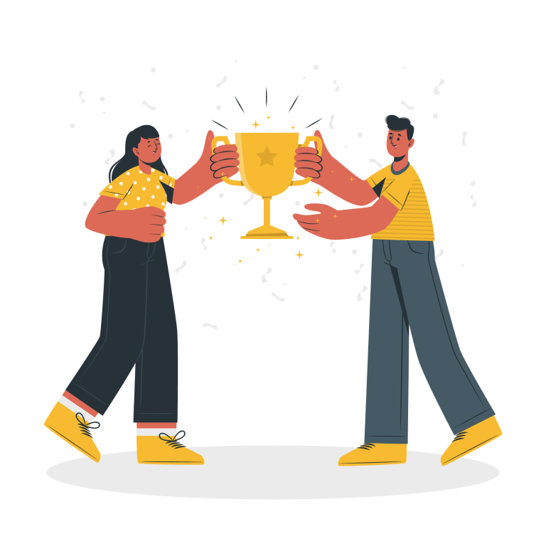 Two people jointly holding a trophy